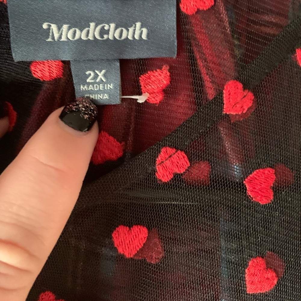 ModCloth Black Sheer Long-Sleeve Dress with Red Heart Print - Picture 5 of 7